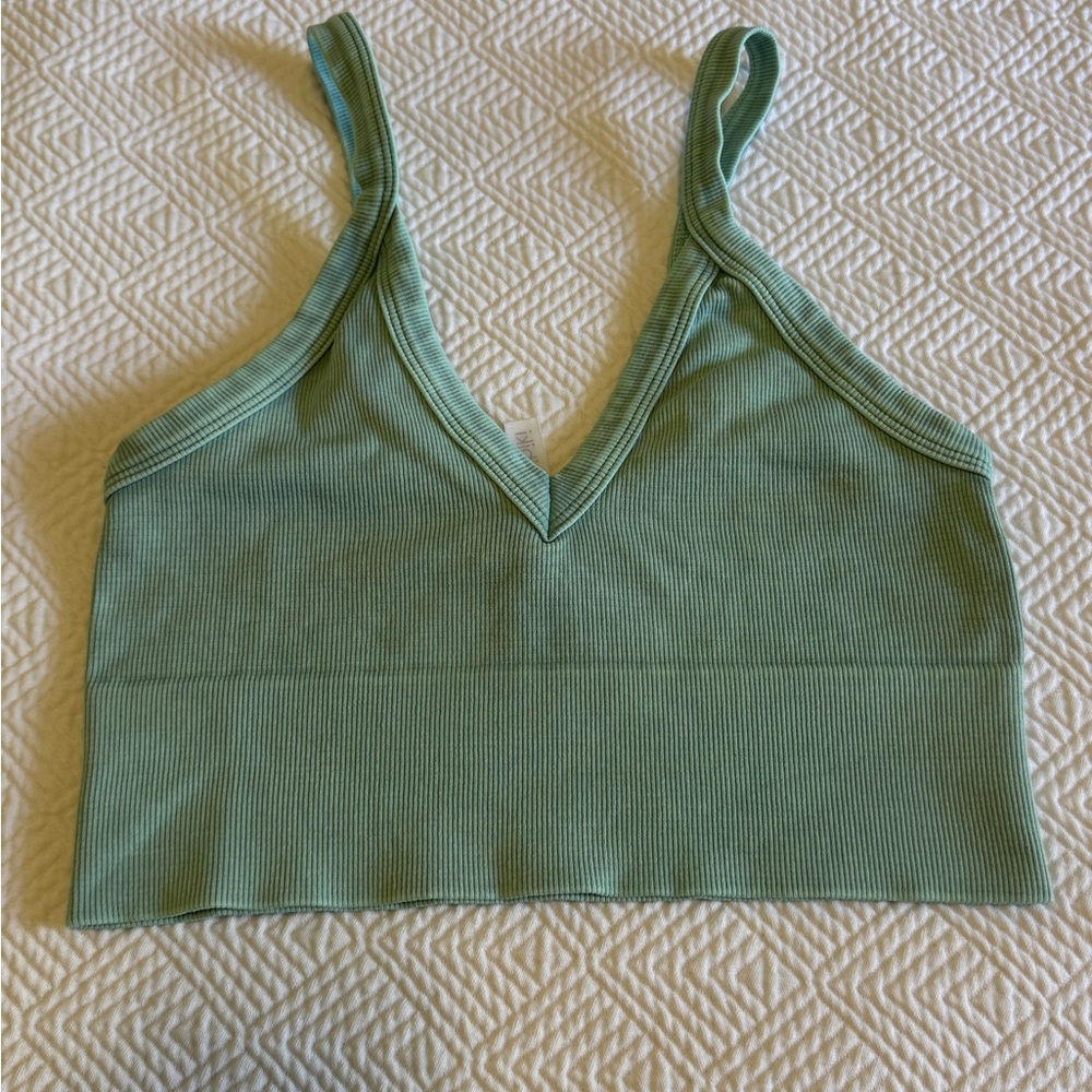 Green Ribbed V-Neck Crop Top - Stretchy